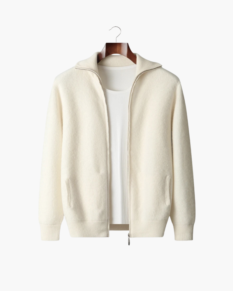 PURE EXTRA-FINE MERINO WOOL RIBBED ZIPPER CARDIGAN