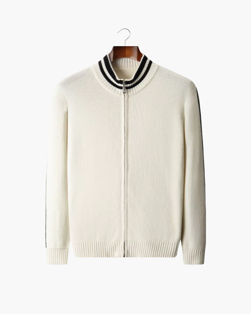 PURE EXTRA-FINE MERINO WOOL TWO TONE ZIP CARDIGAN
